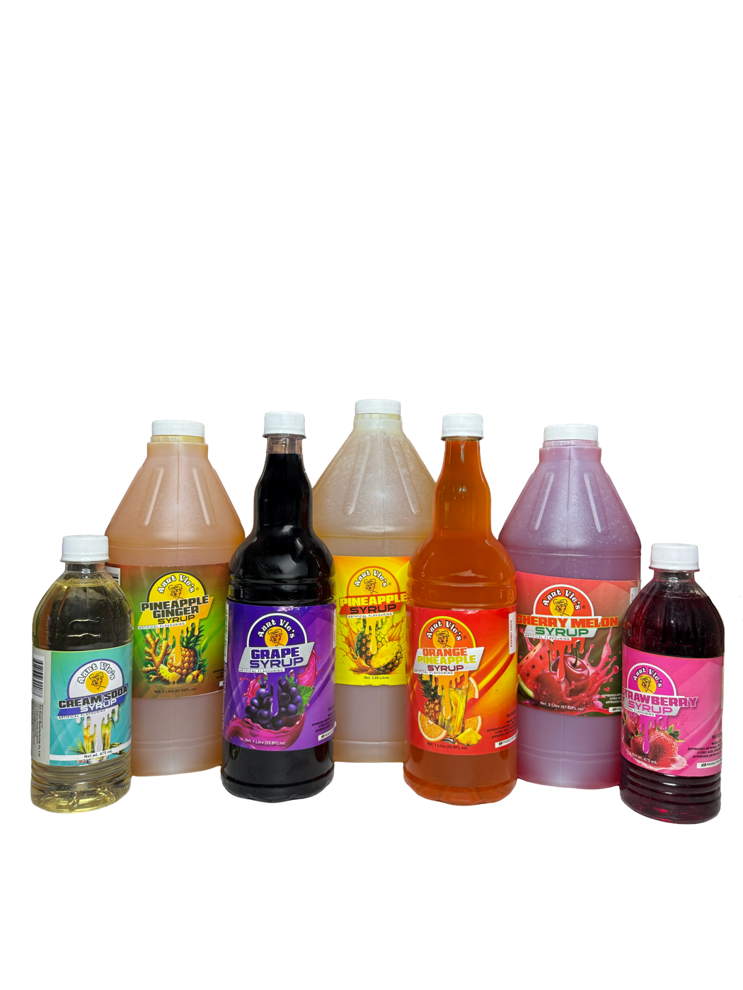 Assorted flavors and sizes of Aunt Vie's Syrup