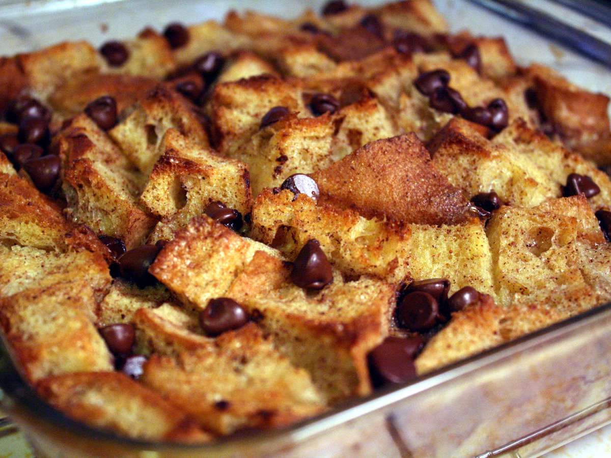 Freshly prepared bread pudding